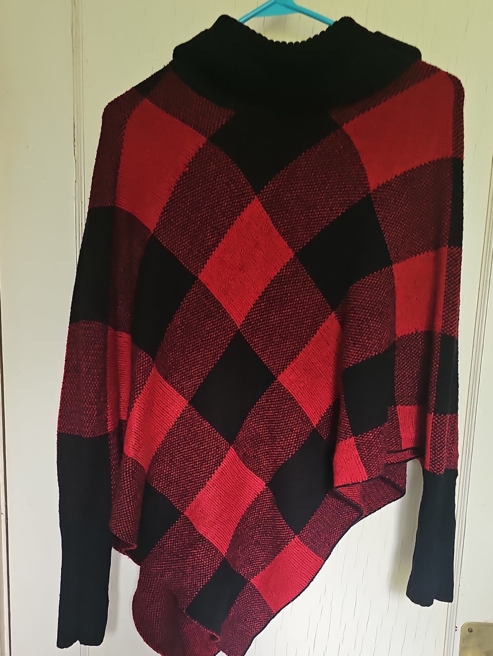 Red and Black Buffalo Plaid Women's Sweater Poncho